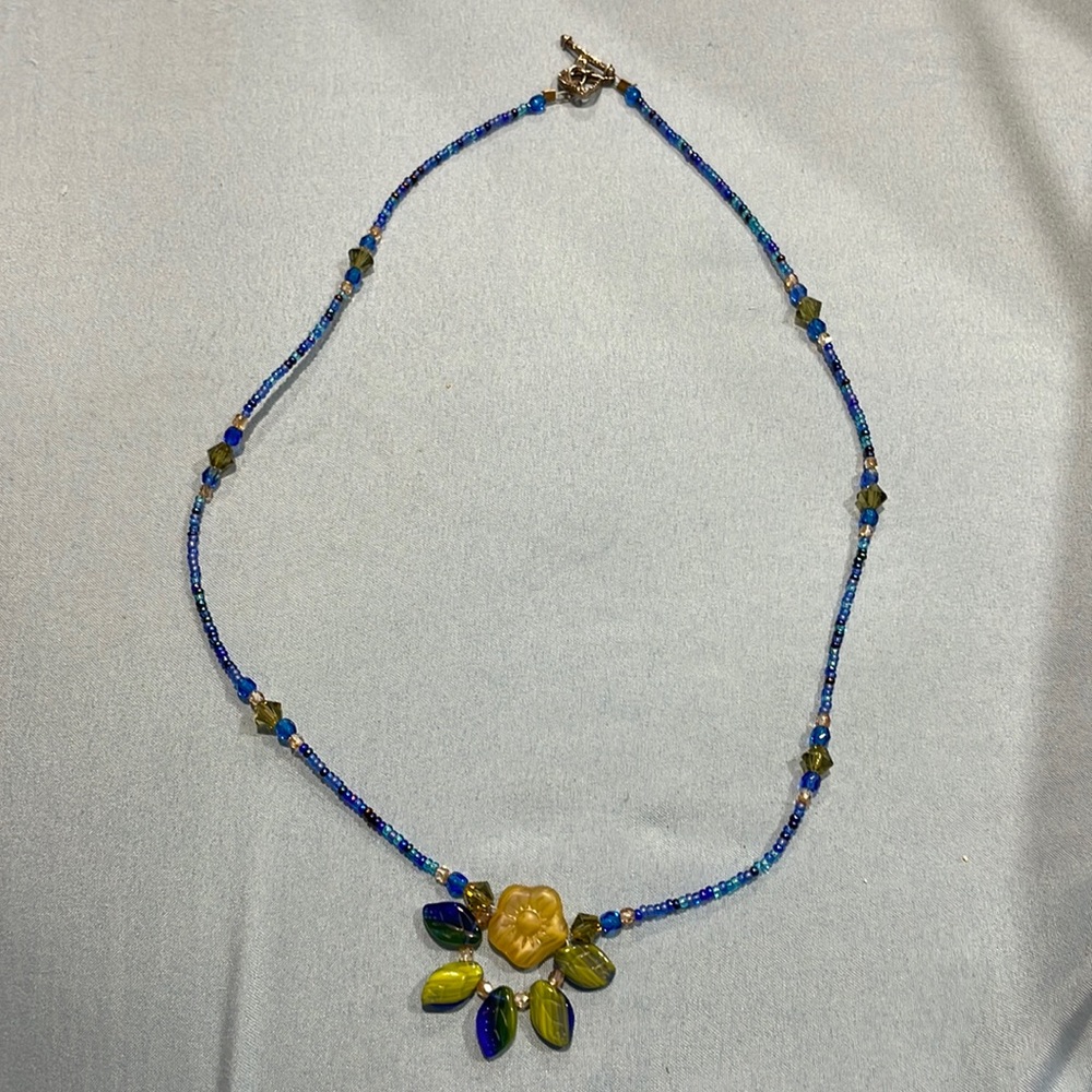 Beaded blue and yellow/green necklace